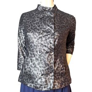 Kerry Brooke Leopard Print Jacket Metallic Black Mock Neck‎ Double Breasted S